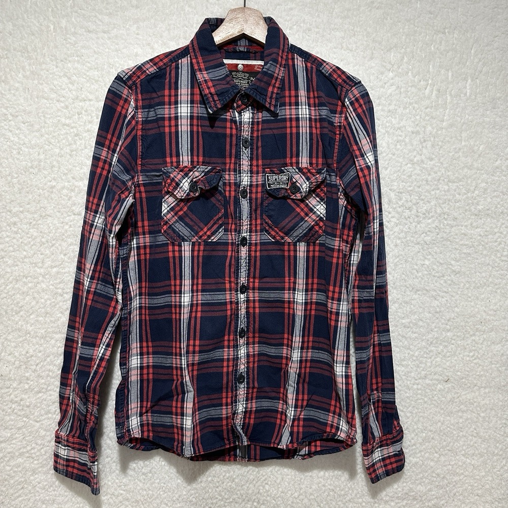 Superdry Plaid Shirt Mens Button Front Slim Long‎ Sleeve Red Blue Size Large